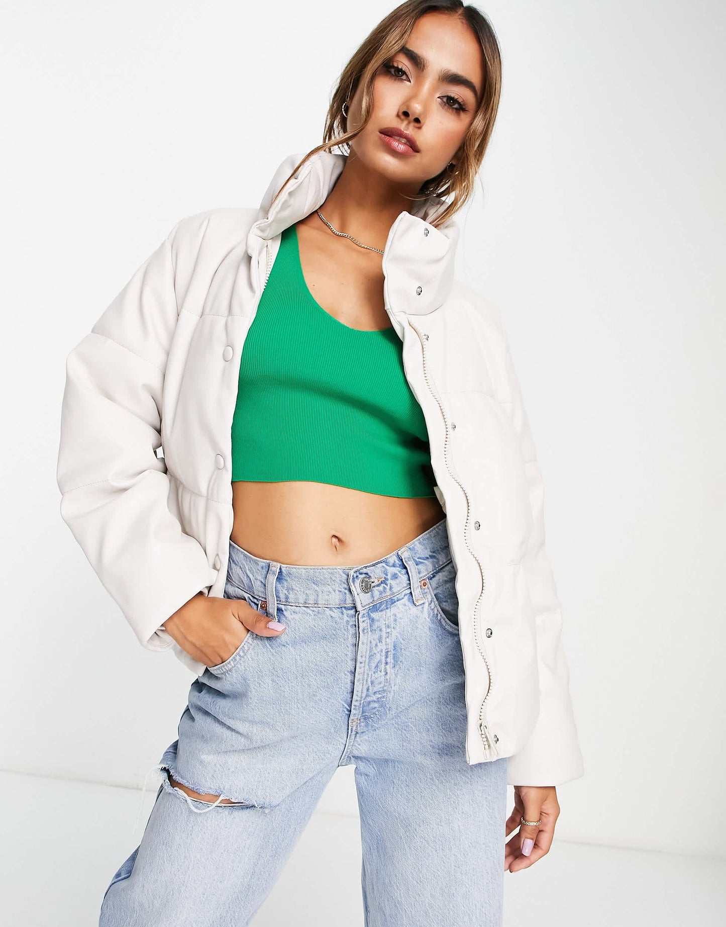 Stradivarius faux leather padded puffer jacket in ecru