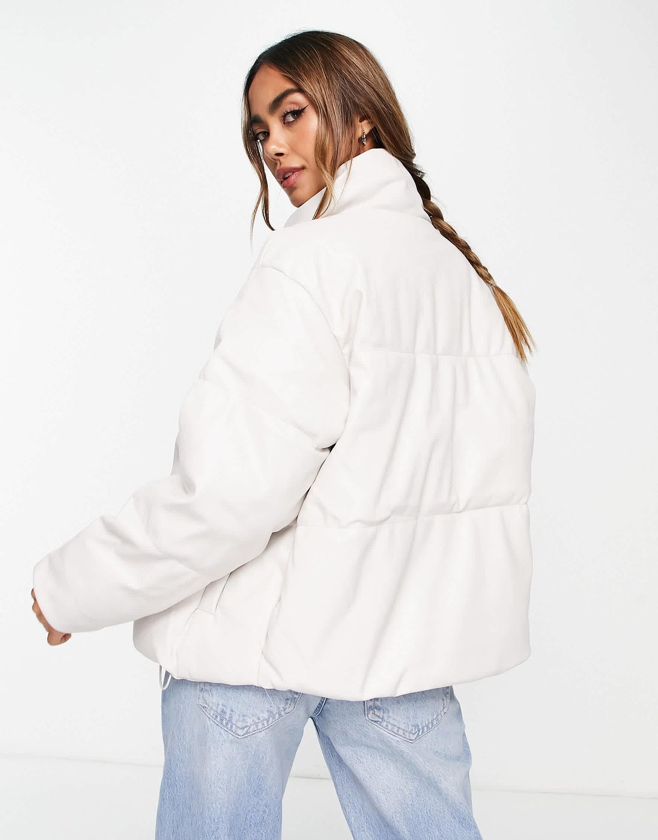 Stradivarius faux leather padded puffer jacket in ecru