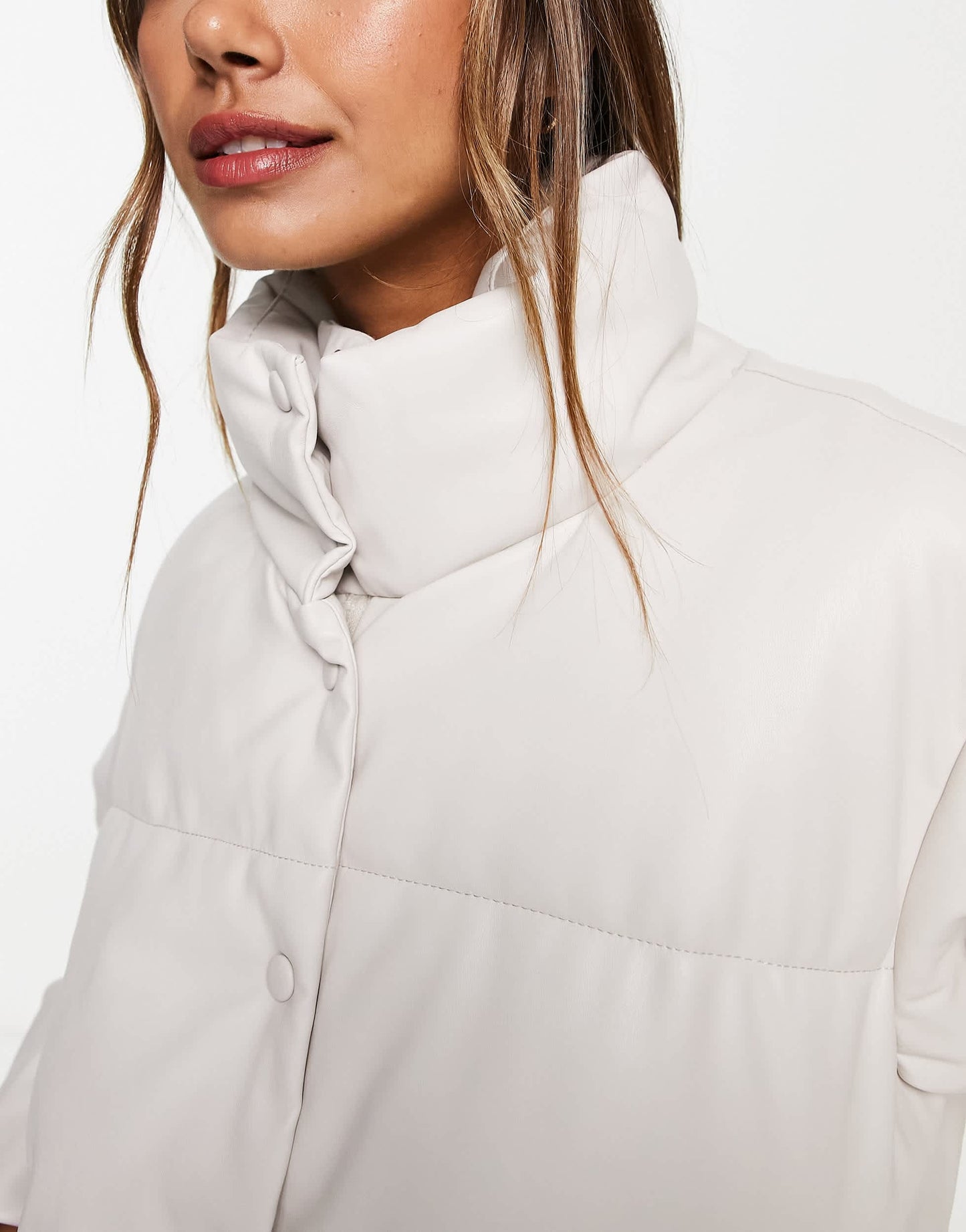 Stradivarius faux leather padded puffer jacket in ecru