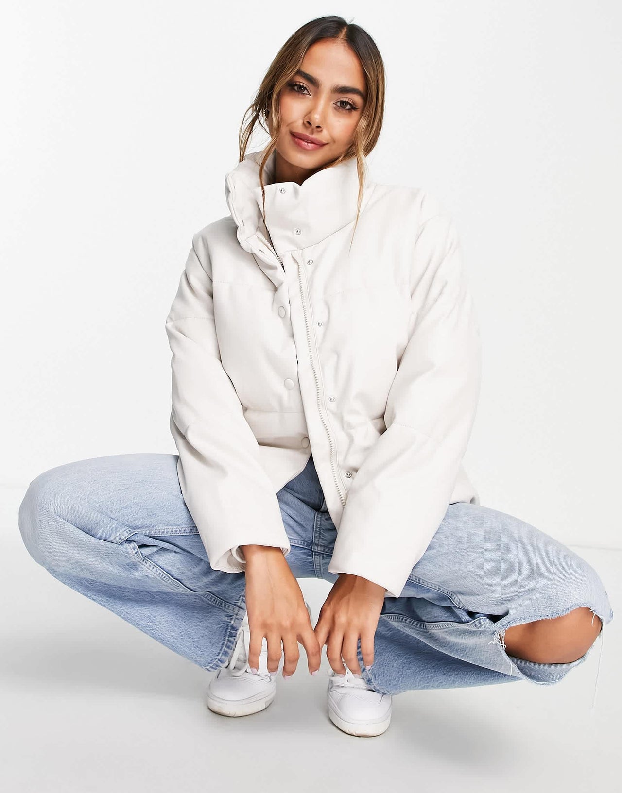 Stradivarius faux leather padded puffer jacket in ecru