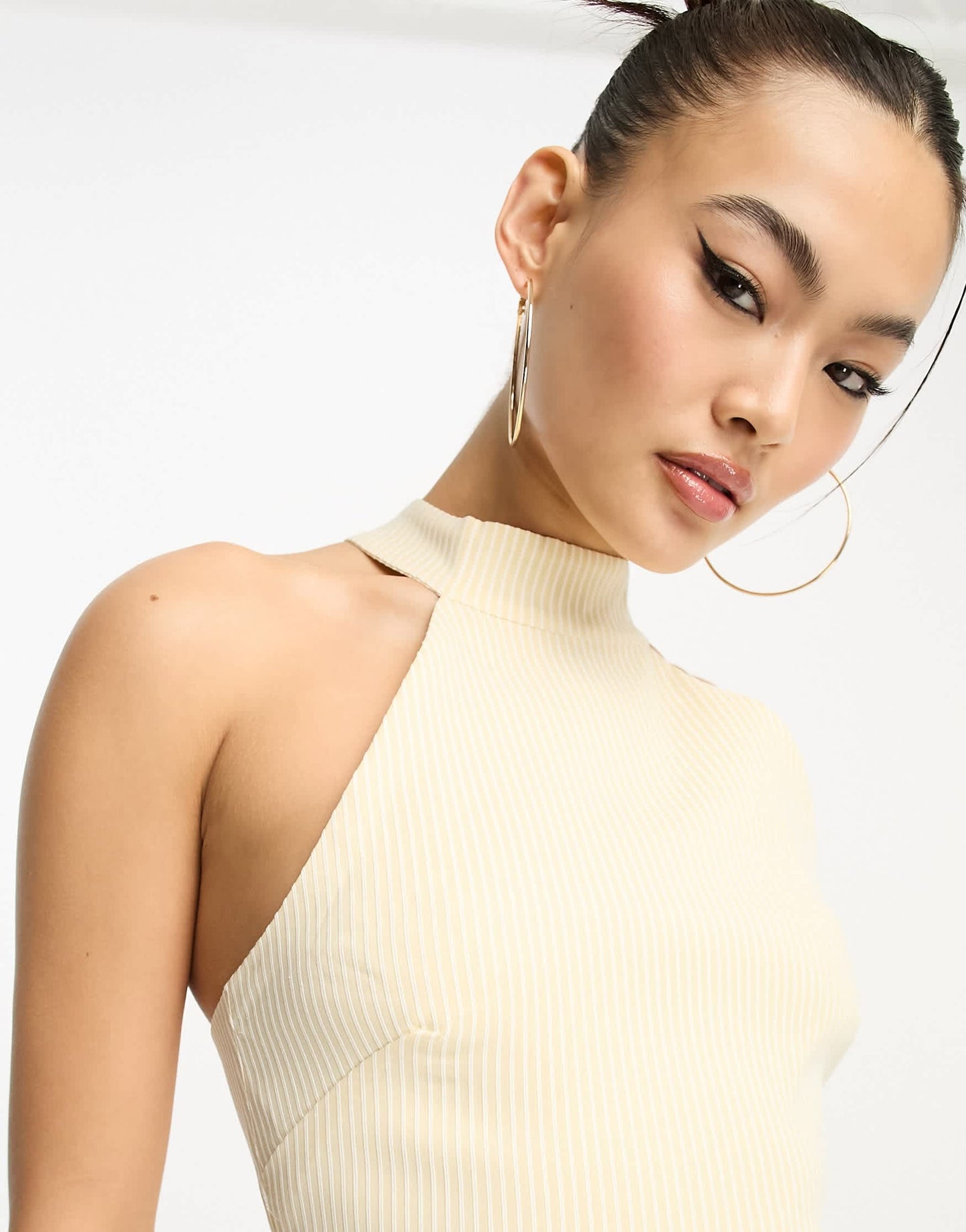 Vesper bengaline high neck bodycon midi dress in stone stripe