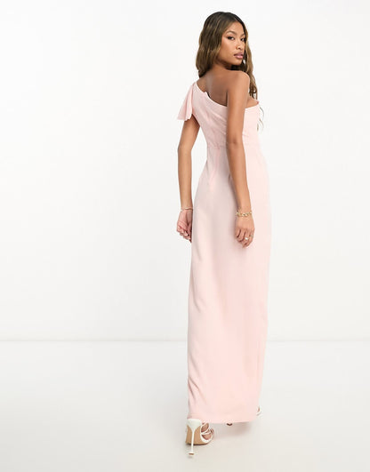 Vesper bengaline one shoulder thigh split maxi dress in blush pink