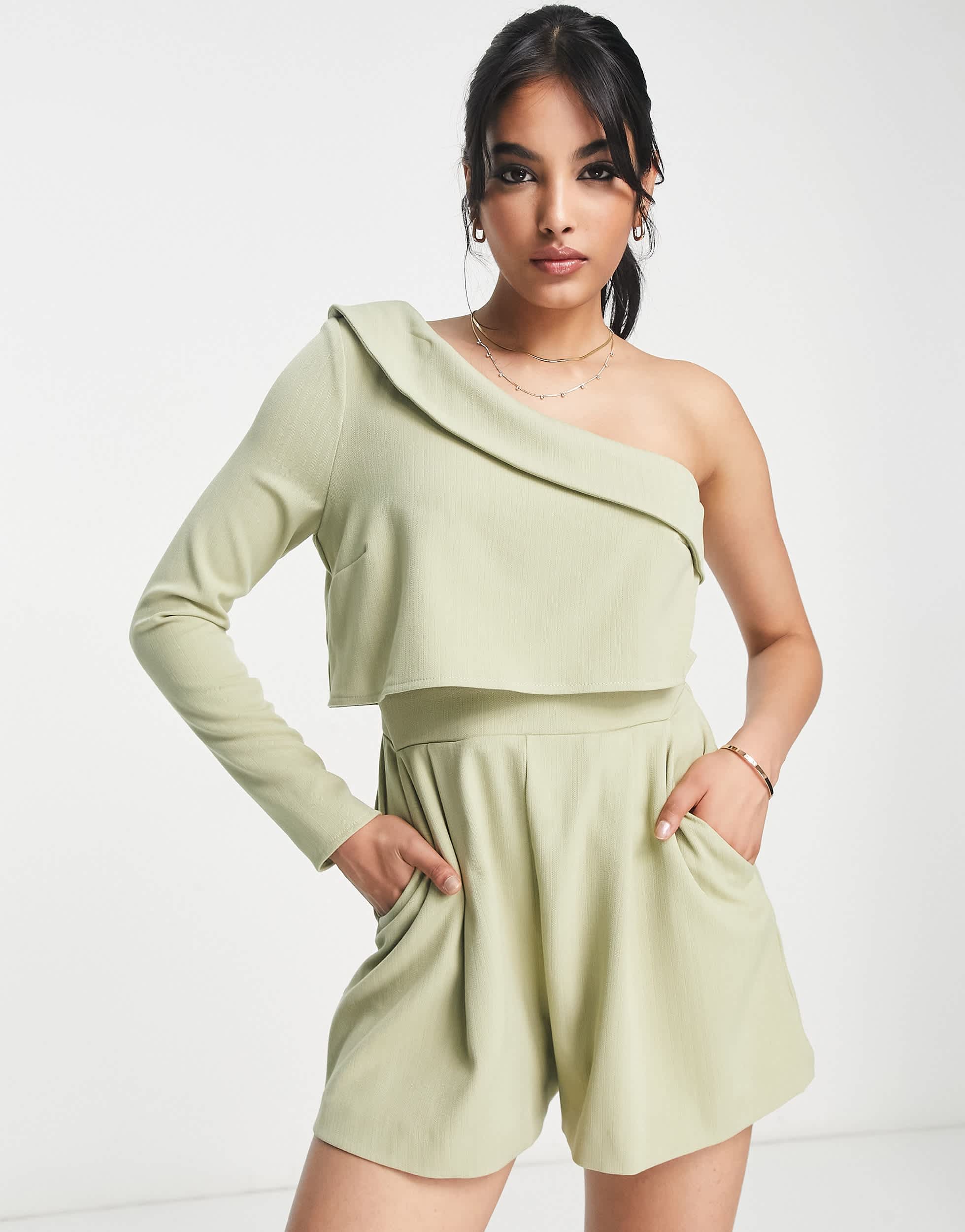 ASOS DESIGN one shoulder tailoring playsuit in sage