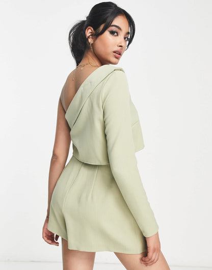 ASOS DESIGN one shoulder tailoring playsuit in sage