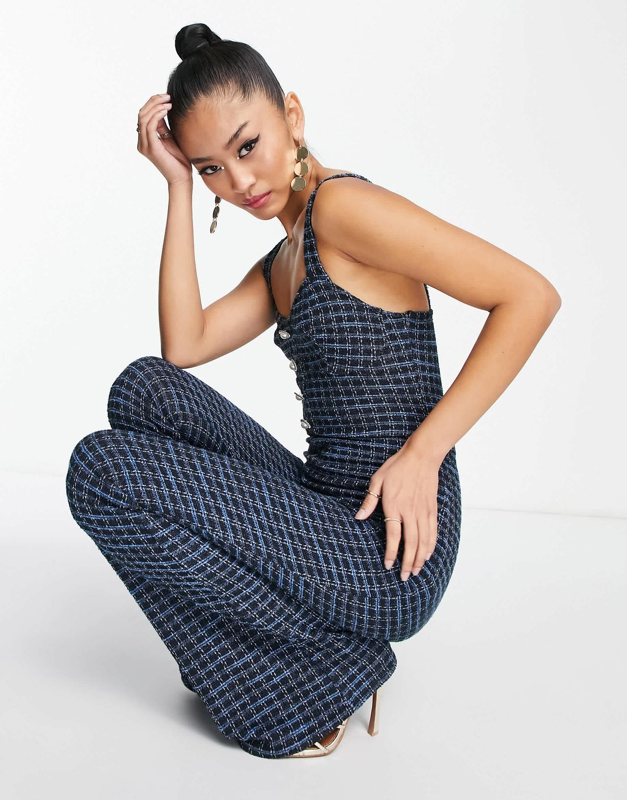 ASOS DESIGN boucle button front jumpsuit with flare leg in houndstooth