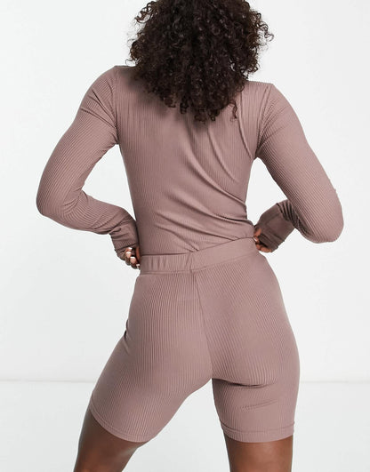 Il Sarto lounge ribbed bodysuit and short set in brown