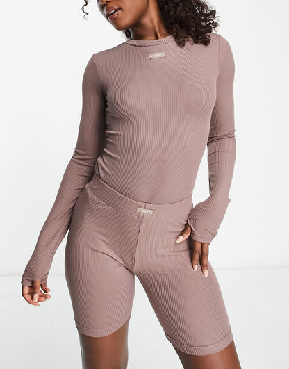 Il Sarto lounge ribbed bodysuit and short set in brown