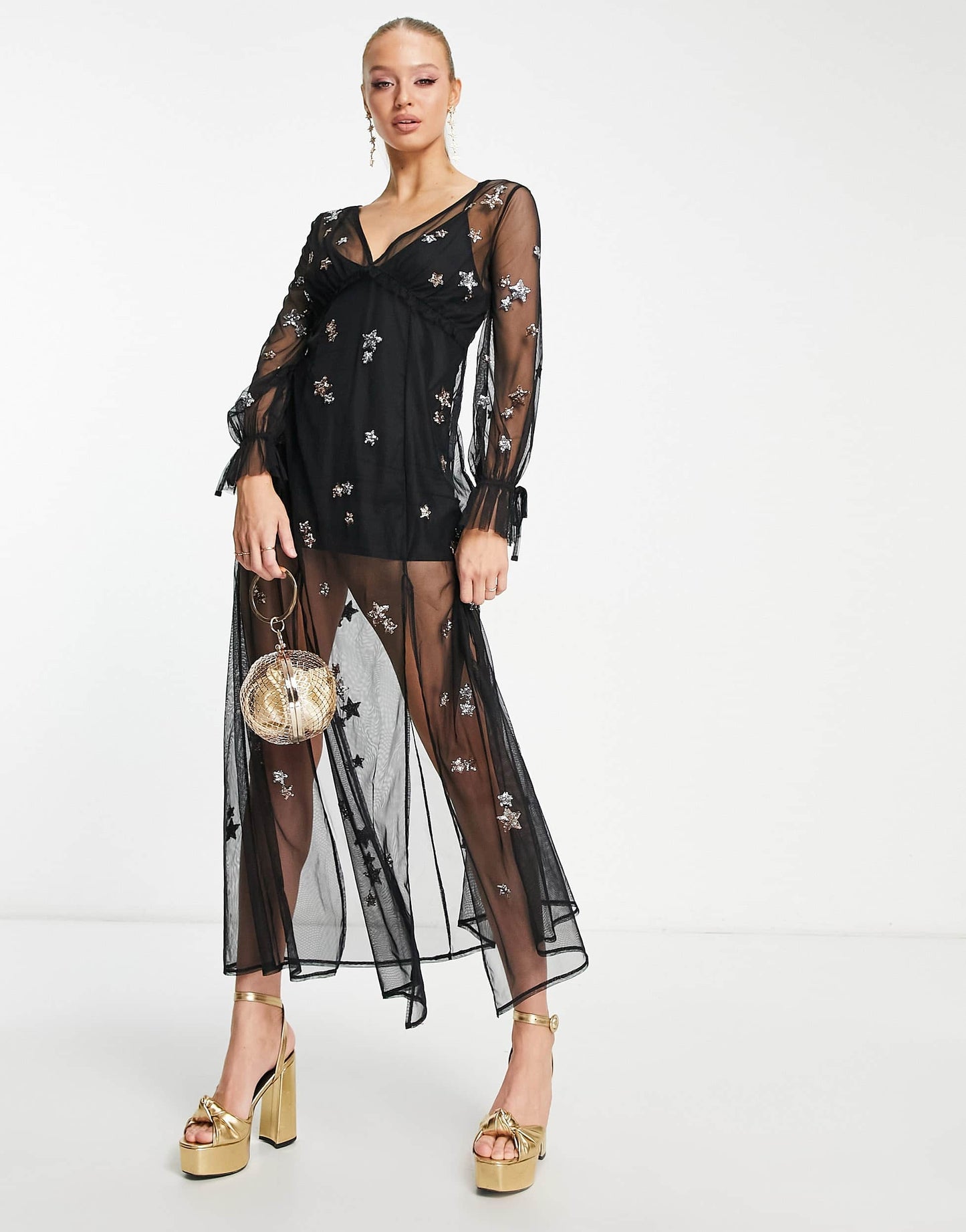 Miss Selfridge sequin star sheer mesh maxi dress in black