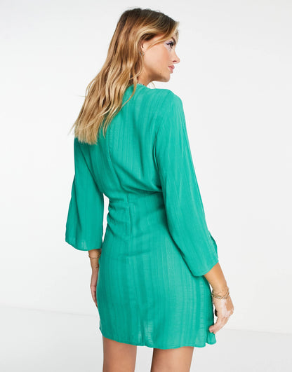 Pull&Bear rustic tie front mini dress in green