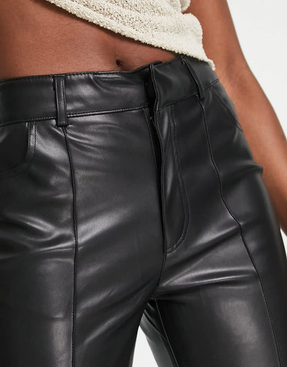 Stradivarius faux leather straight trousers in black