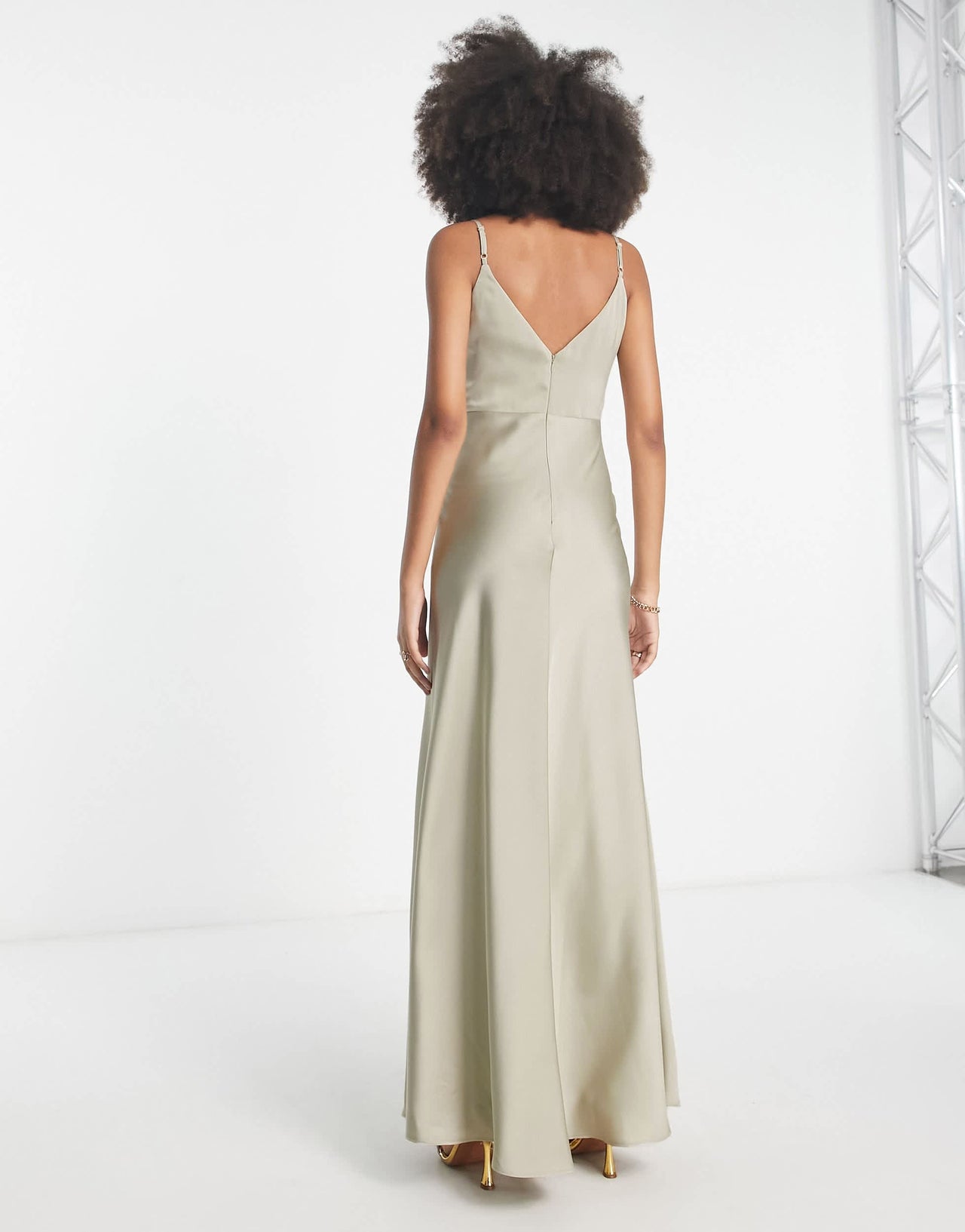 ASOS DESIGN Bridesmaid satin cowl neck maxi dress with full skirt in sage green
