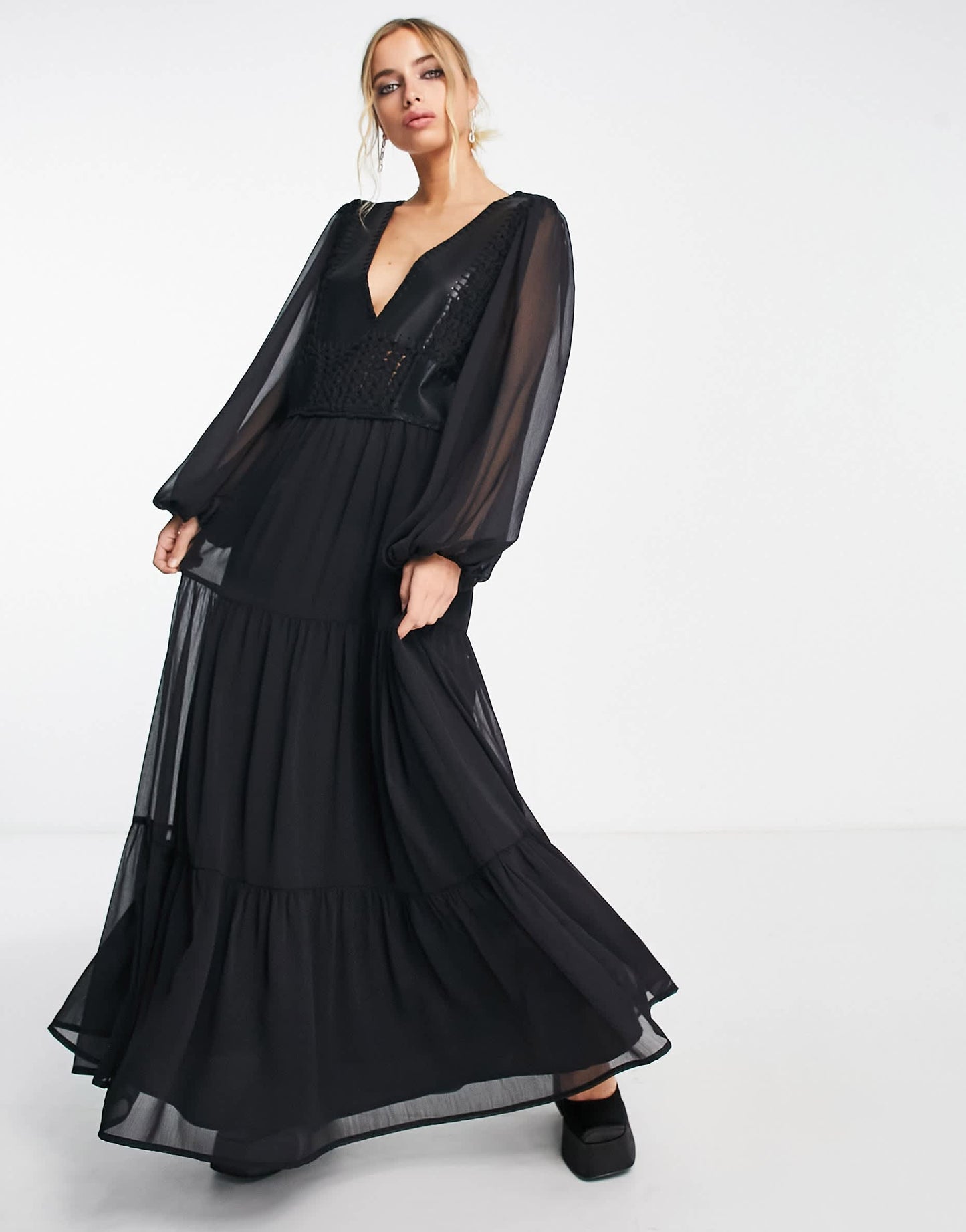 ASOS DESIGN crochet and leather look patchwork detail maxi dress in black