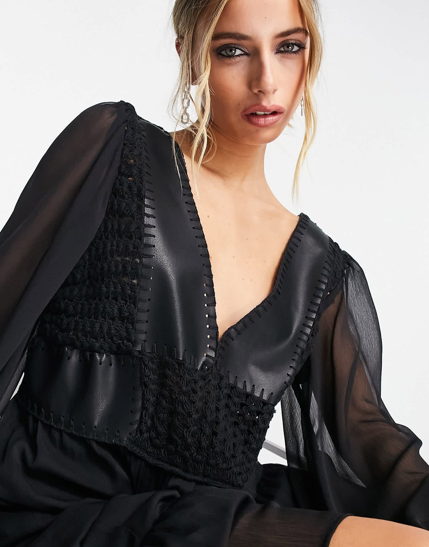 ASOS DESIGN crochet and leather look patchwork detail maxi dress in black