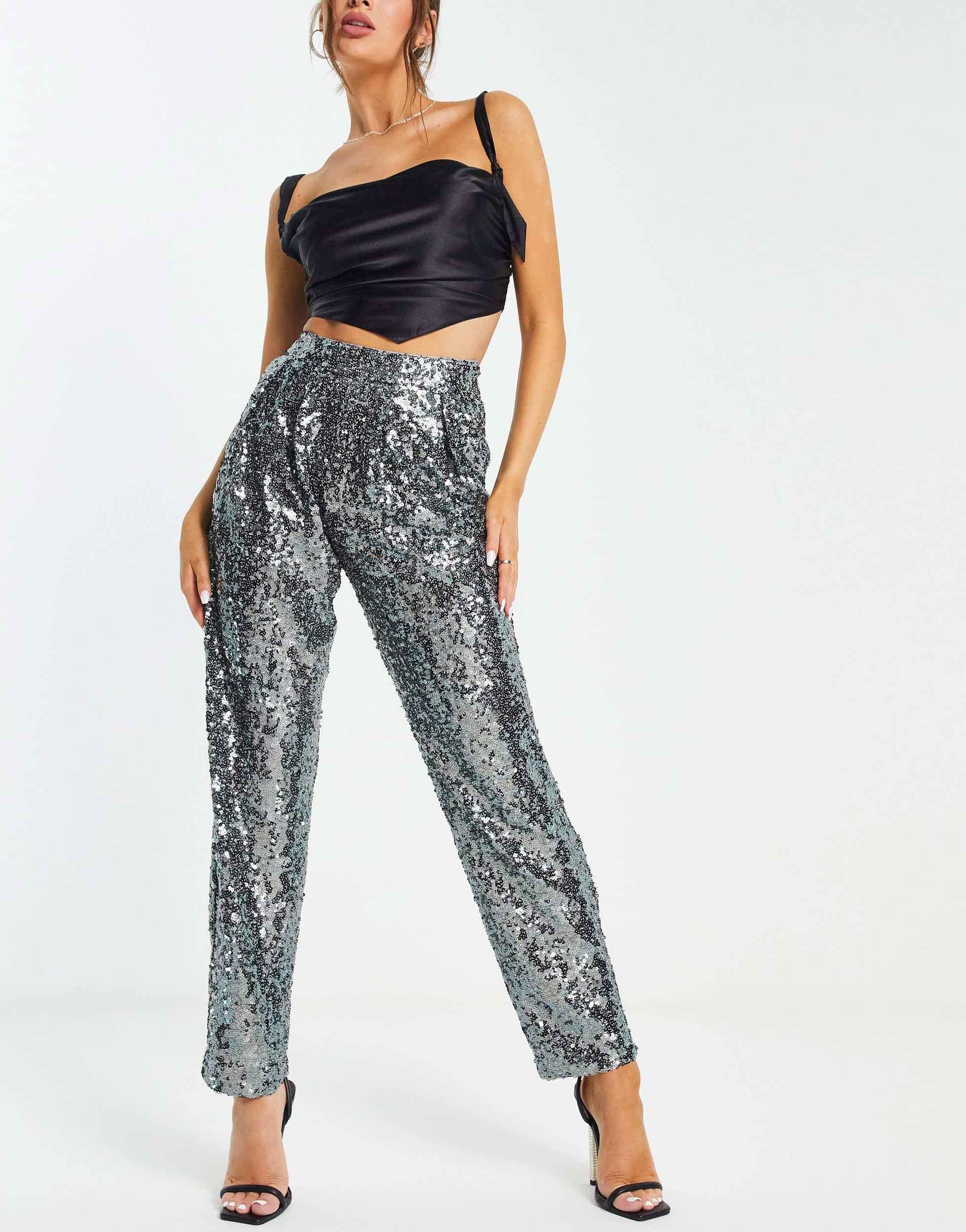 ASOS DESIGN sequin slouchy trousers in gunmetal