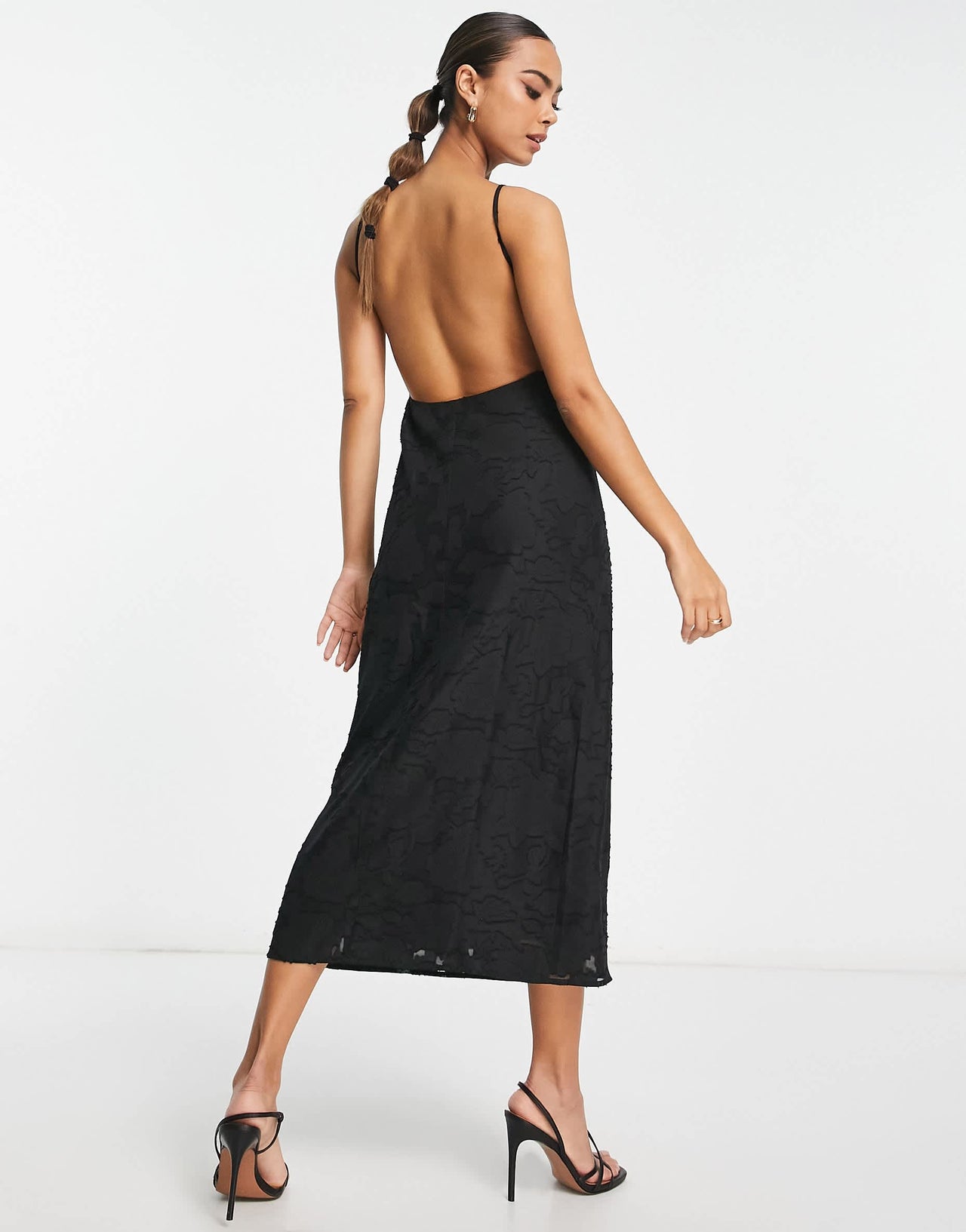 Lola May open back midi dress with textured floral lace in black