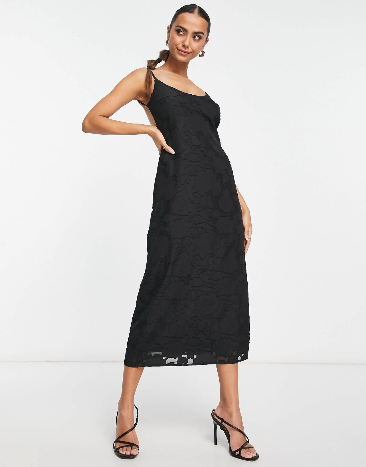 Lola May open back midi dress with textured floral lace in black