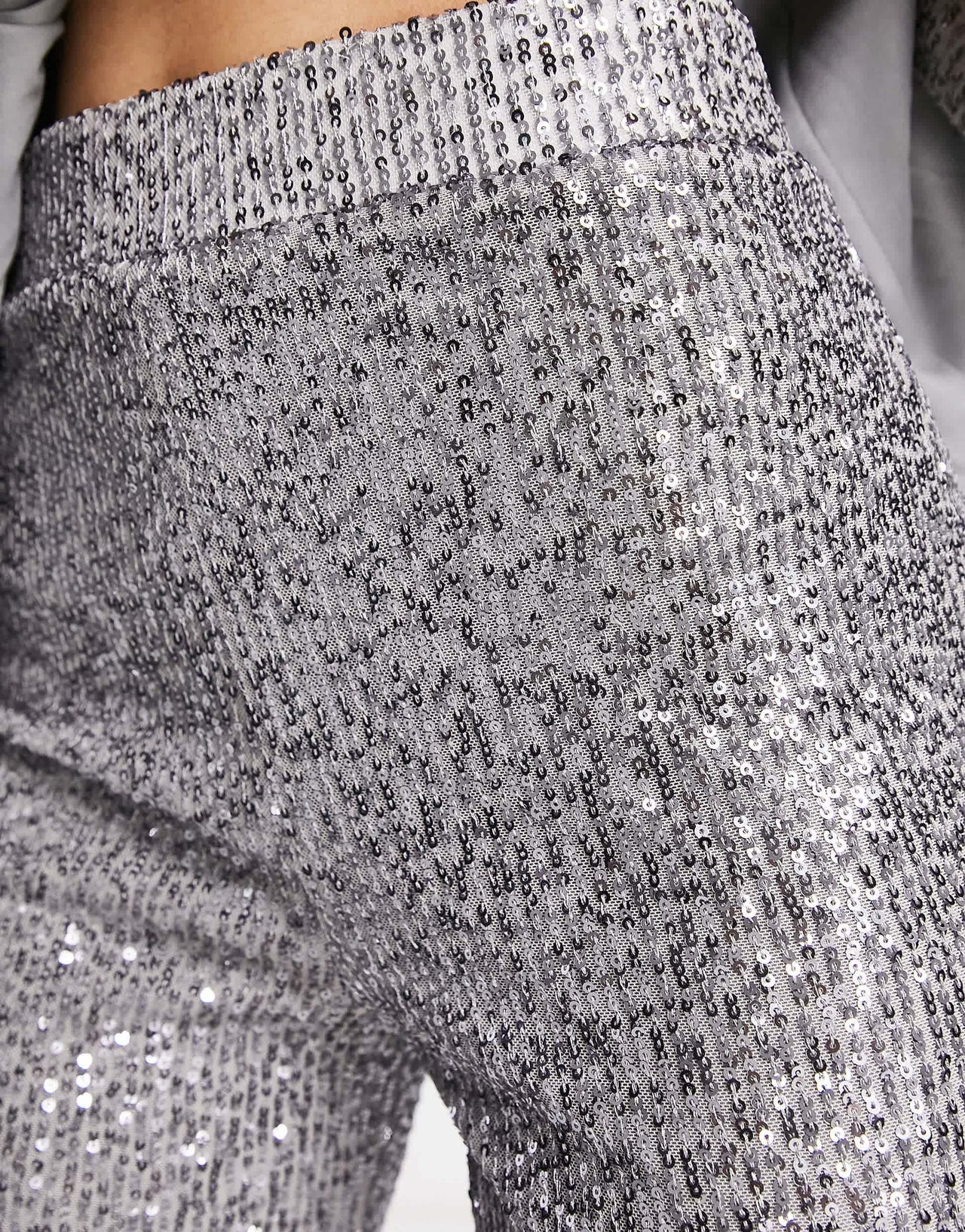 ASOS DESIGN Petite jersey sequin flare trouser in gunmetal
