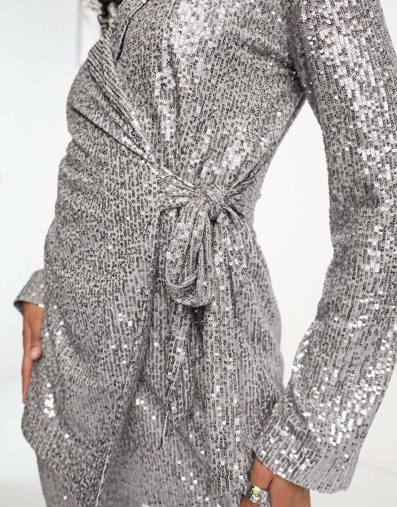 ASOS DESIGN Tall jersey sequin tie waist blazer in gunmetal