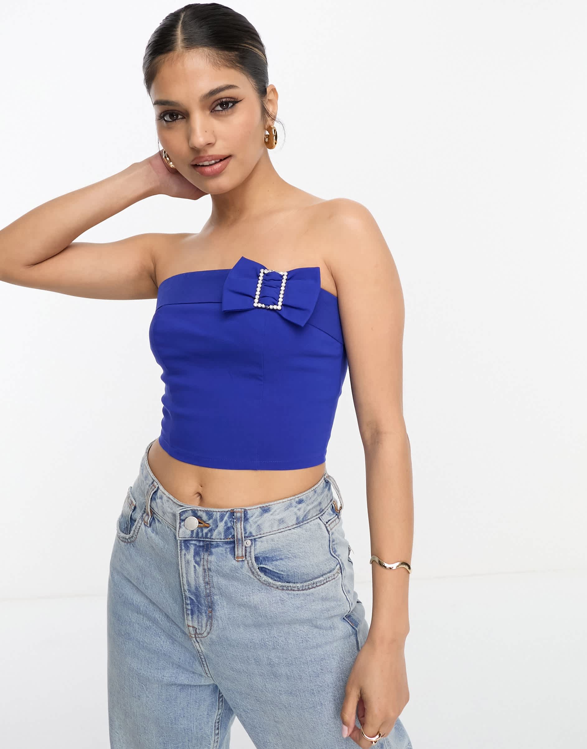 Miss Selfridge cropped bandeau corset top with diamante detail in blue