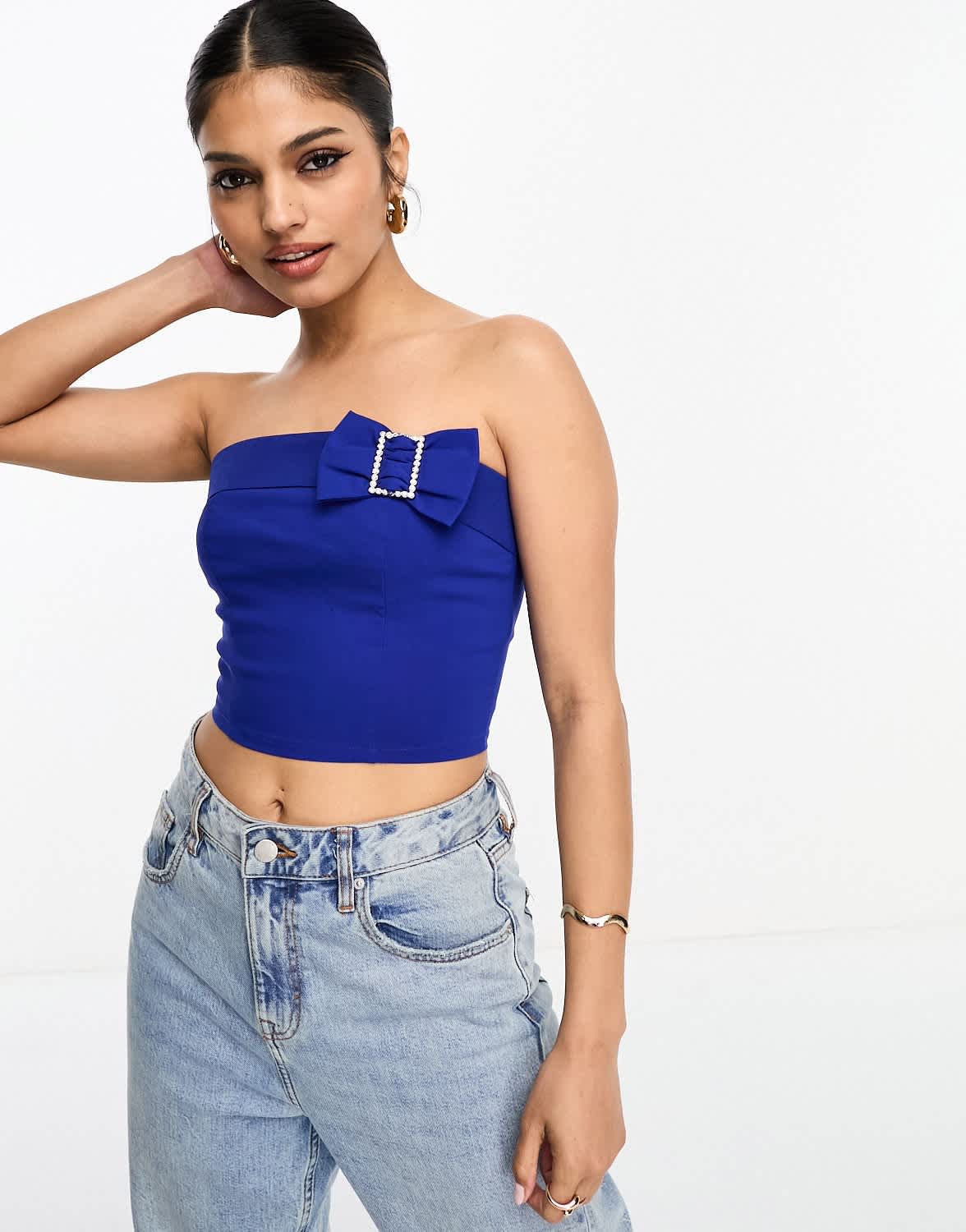 Miss Selfridge cropped bandeau corset top with diamante detail in blue