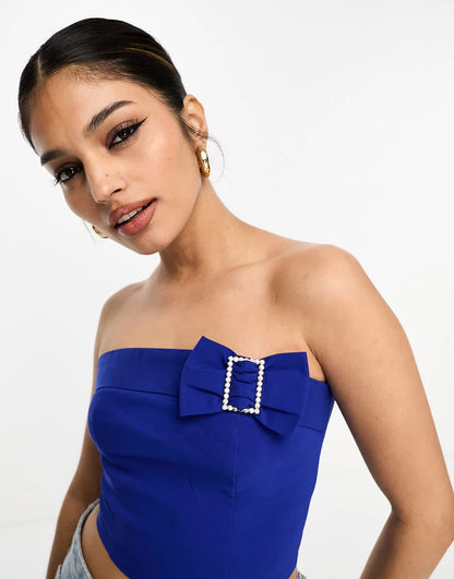 Miss Selfridge cropped bandeau corset top with diamante detail in blue