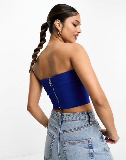Miss Selfridge cropped bandeau corset top with diamante detail in blue
