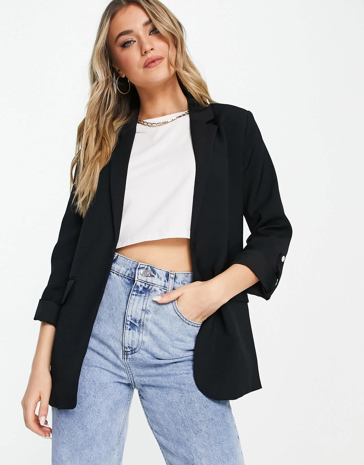 Pull&Bear rolled up sleeve blazer in black