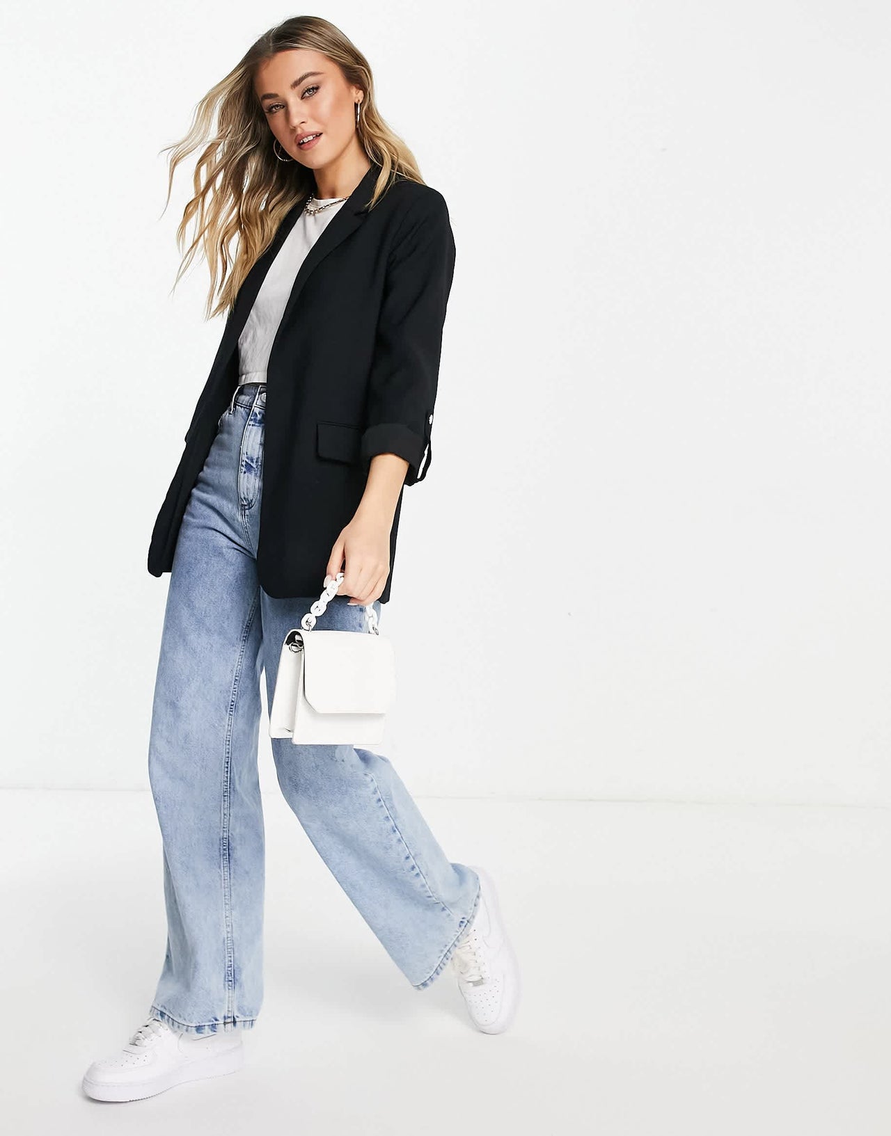 Pull&Bear rolled up sleeve blazer in black