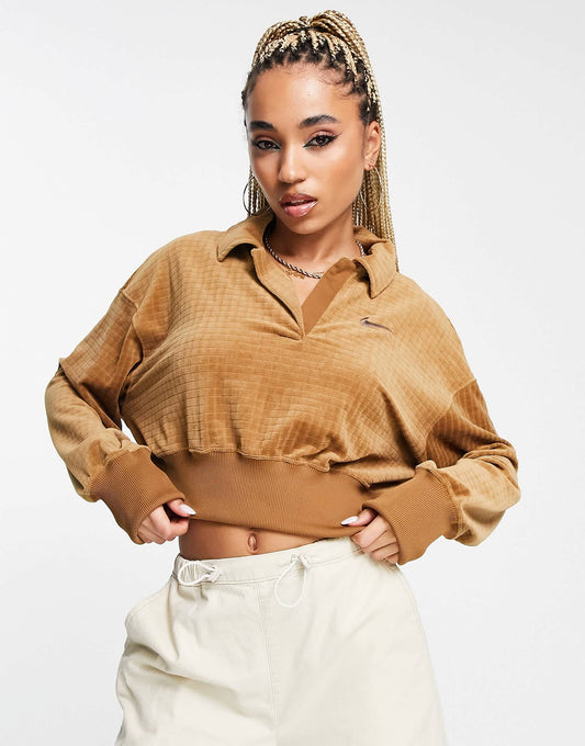 Nike Velour polo top in ale brown