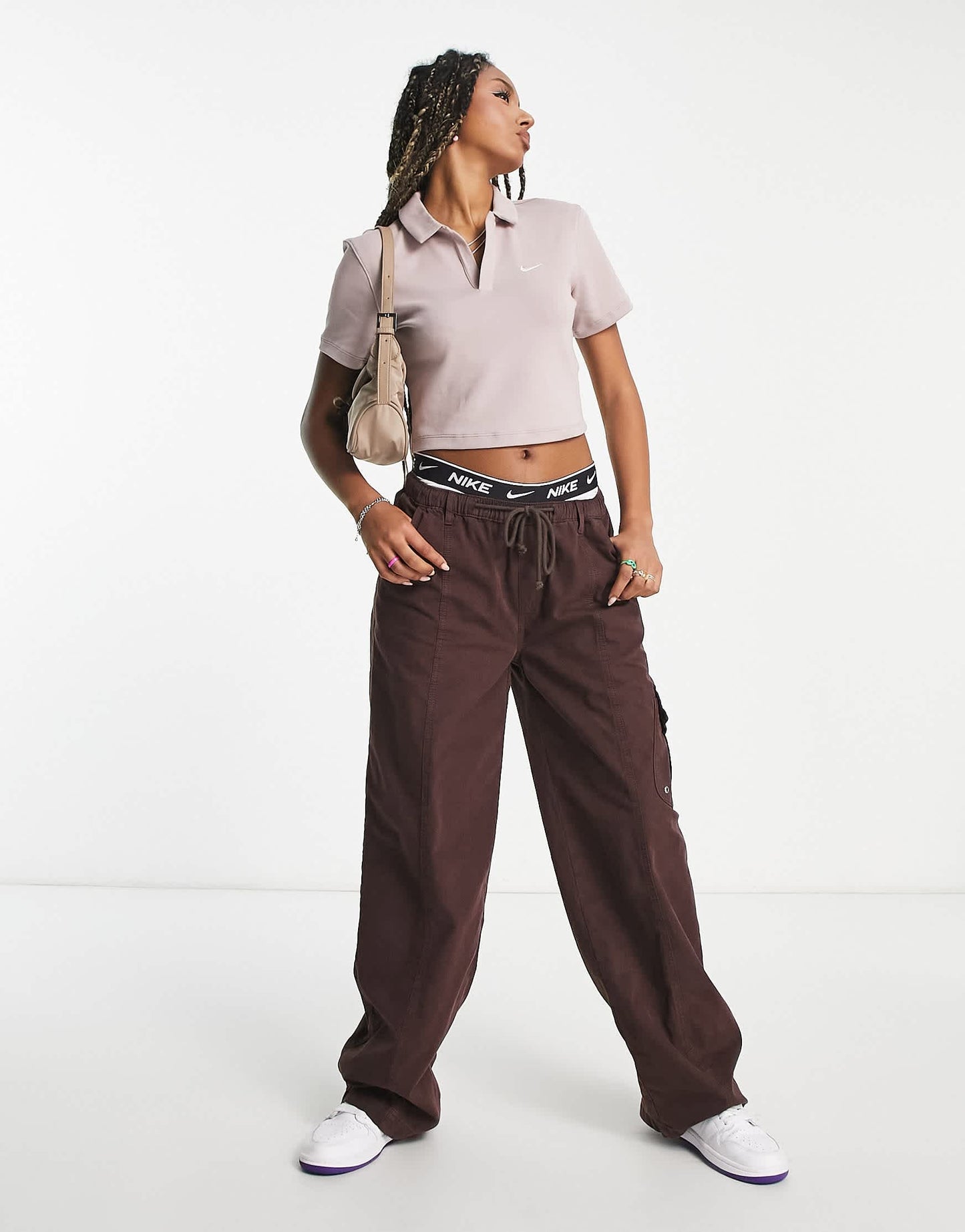 Nike Essential mini swoosh short sleeve polo top in taupe