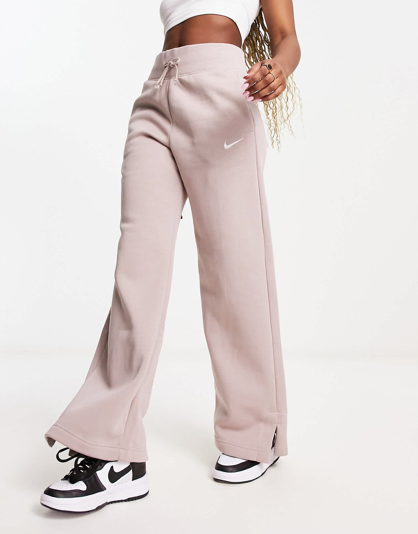 Nike Phoenix Fleece wide leg joggers in taupe
