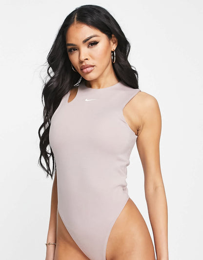 Nike Essential mini swoosh cut out bodysuit in taupe