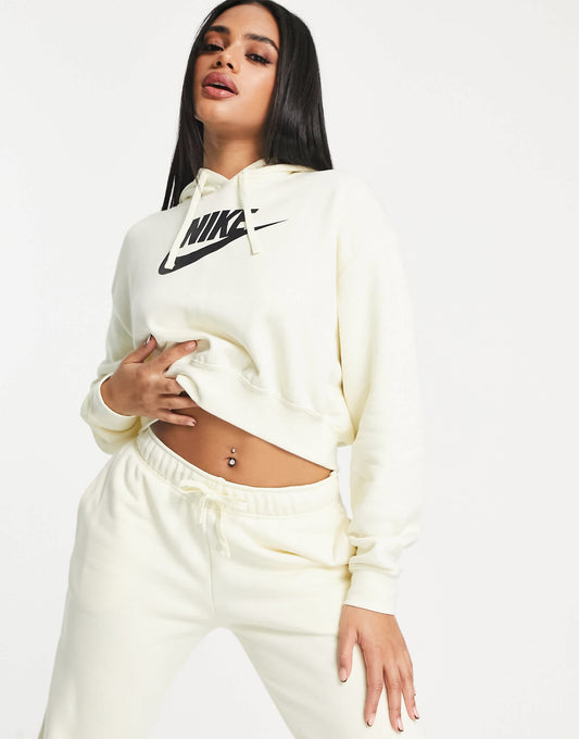 Nike Club fleece graphic crop hoodie in cream  - CREAM