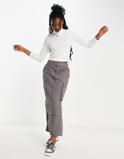 Nike Essential mini swoosh rib mock long sleeve top in white