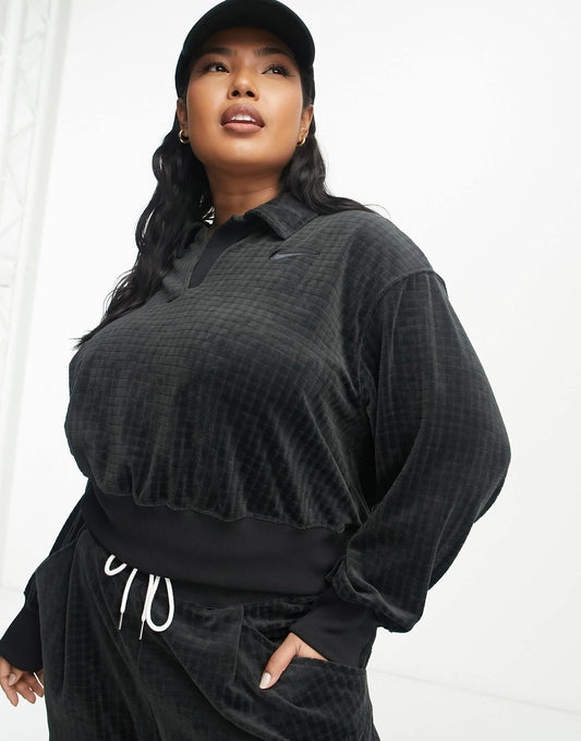 Nike Plus velour cropped polo shirt in black