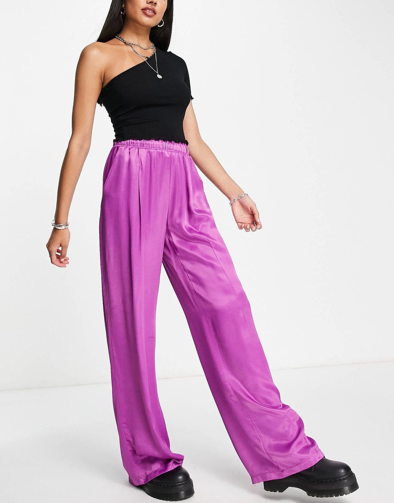 Bershka straight leg satin trousers in purple