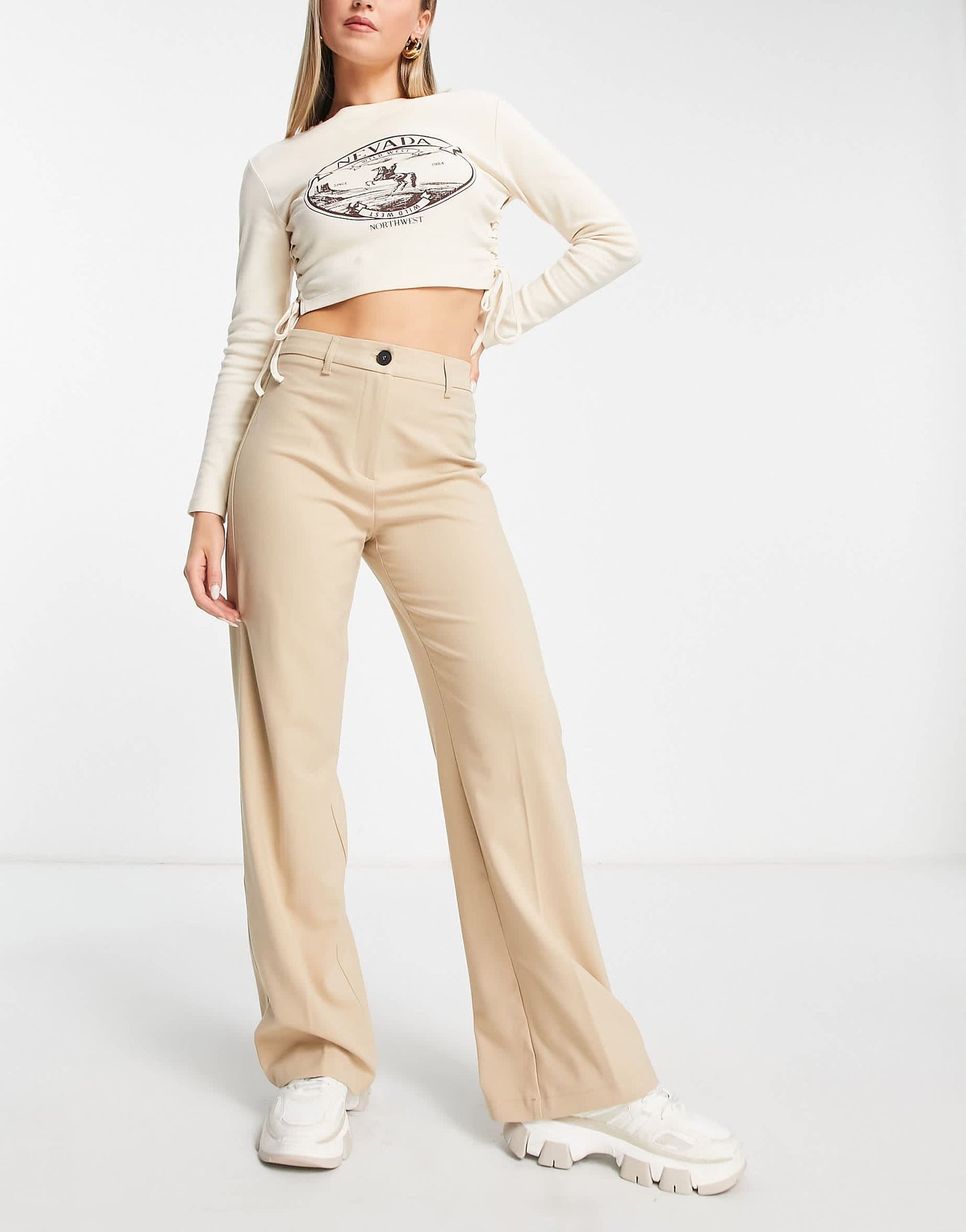 Bershka wide leg slouchy dad tailored trousers in camel