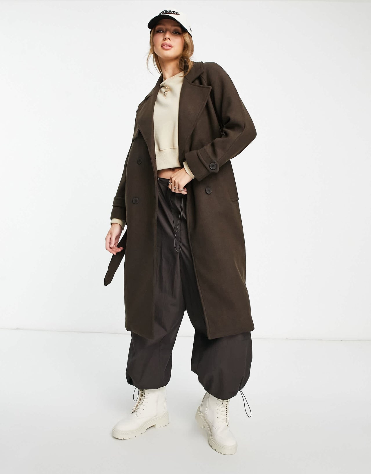 Bershka maxi belted coat in chocolate brown