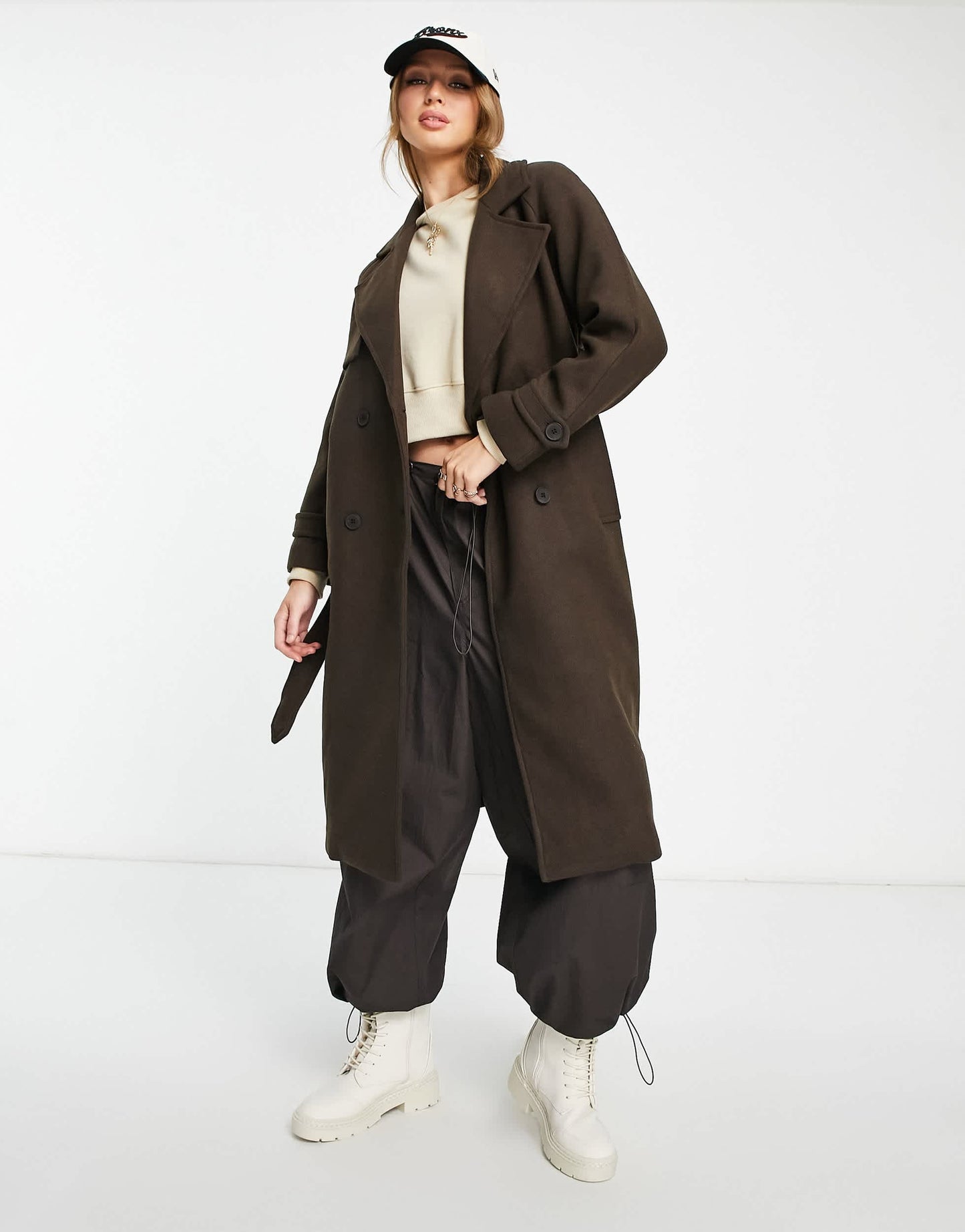 Bershka maxi belted coat in chocolate brown
