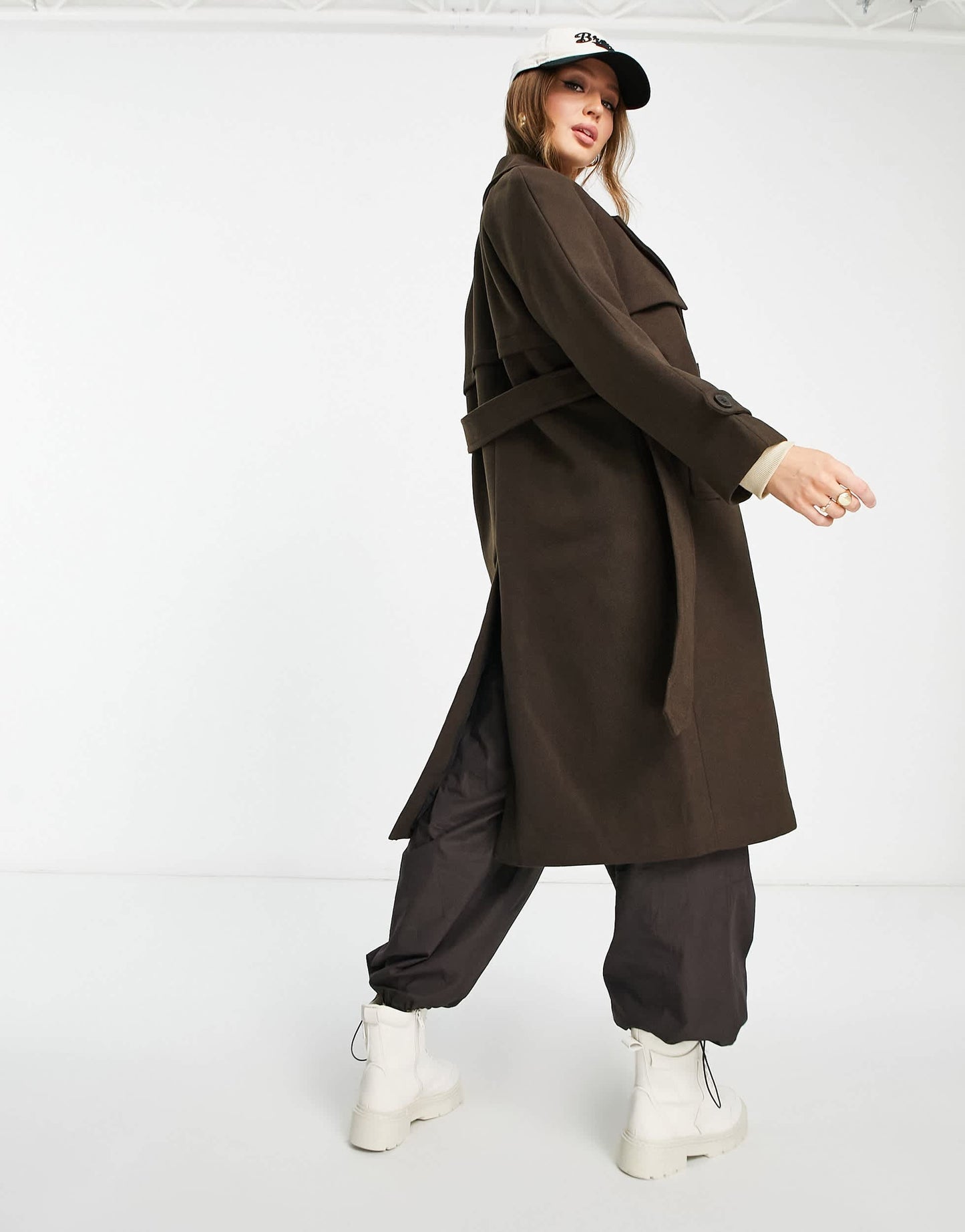 Bershka maxi belted coat in chocolate brown