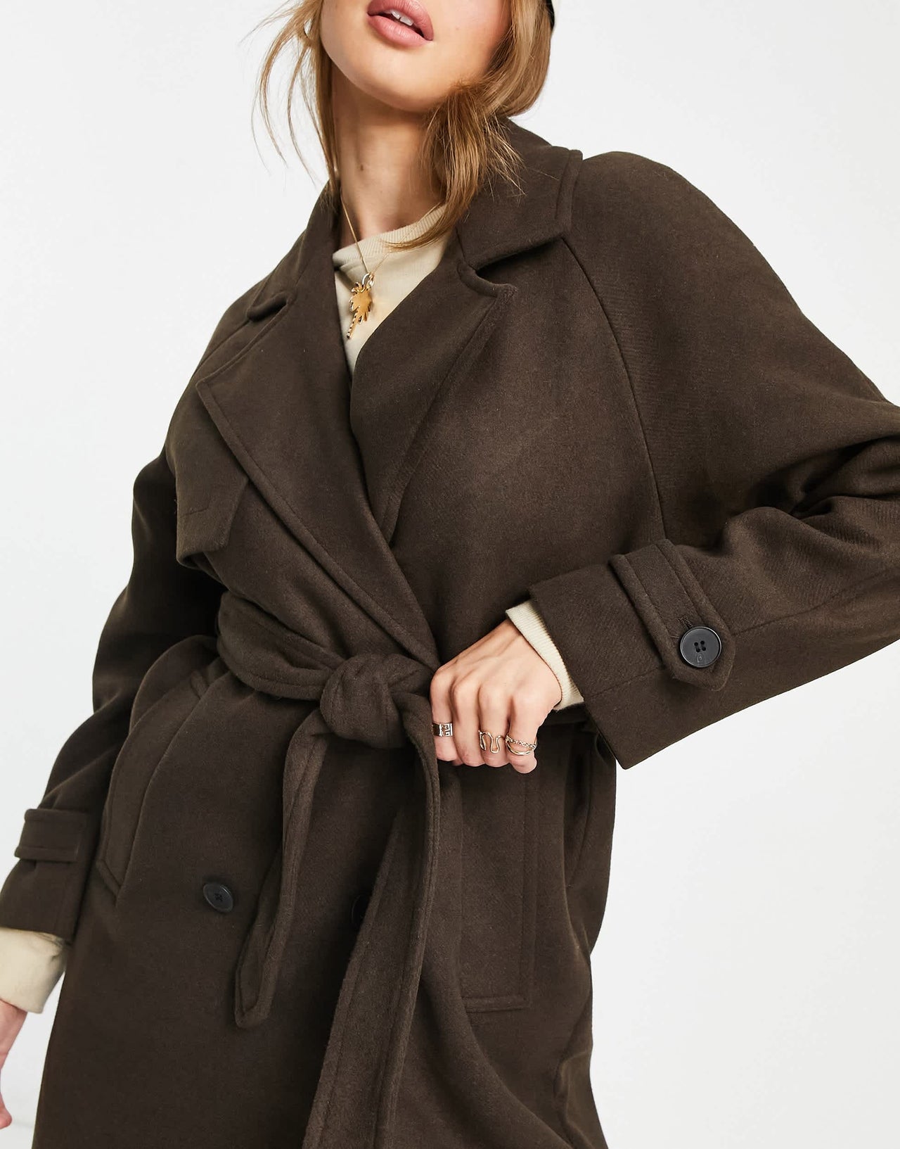Bershka maxi belted coat in chocolate brown
