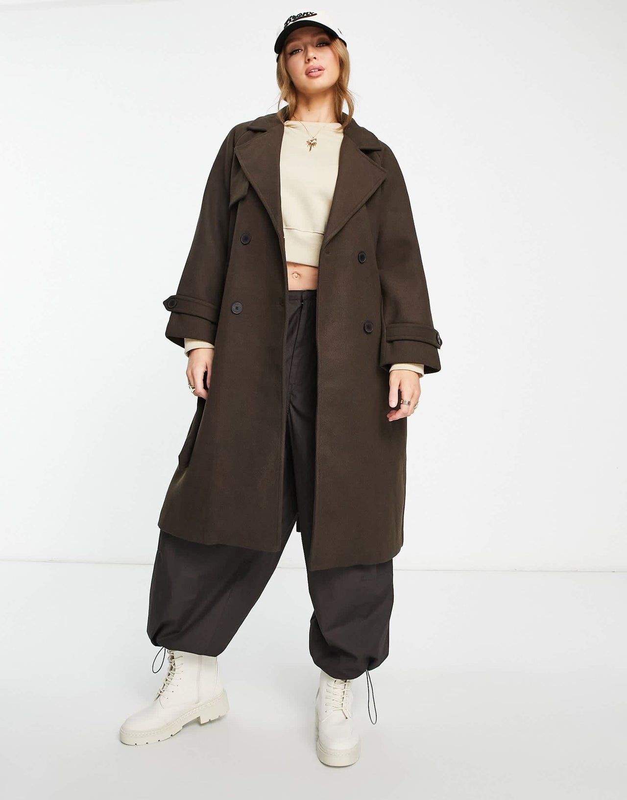 Bershka maxi belted coat in chocolate brown