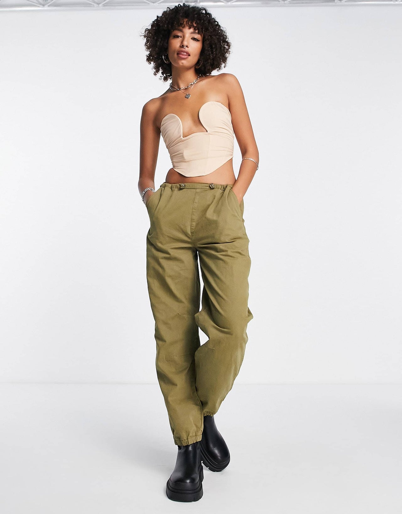 Bershka ruched structured corset top in ecru