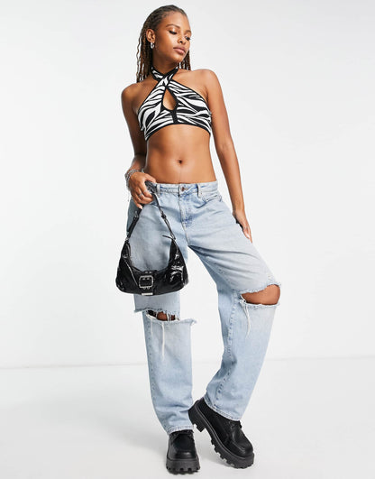 Bershka cross strap halter neck crop top in zebra print
