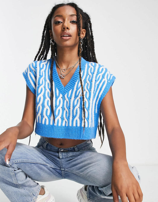 Tommy Jeans super crop plaited sweater vest in blue