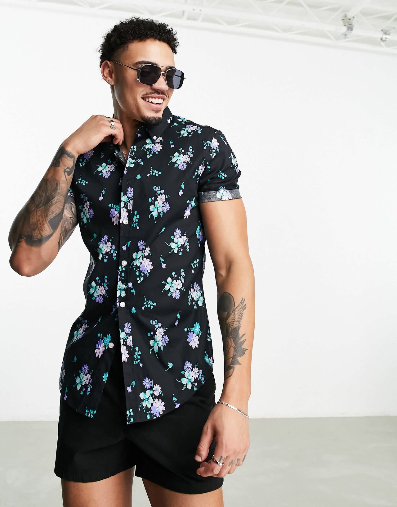 ASOS DESIGN stretch skinny shirt in black and blue floral print