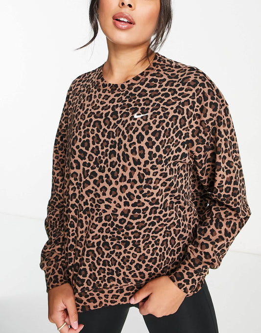 Nike One Training Dri-FIT crew neck sweatshirt in brown leopard