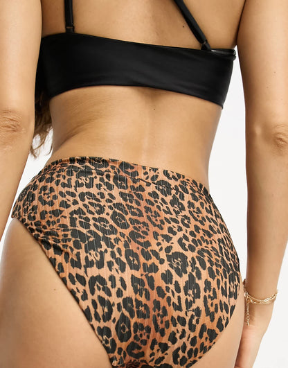 ASOS DESIGN Petite mix and match rib high leg high waist bikini bottom in leopard print