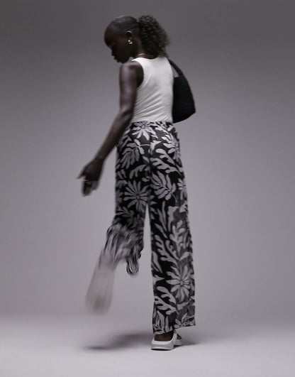 Topshop Petite co-ord chiffon abstract floral trouser in monochrome