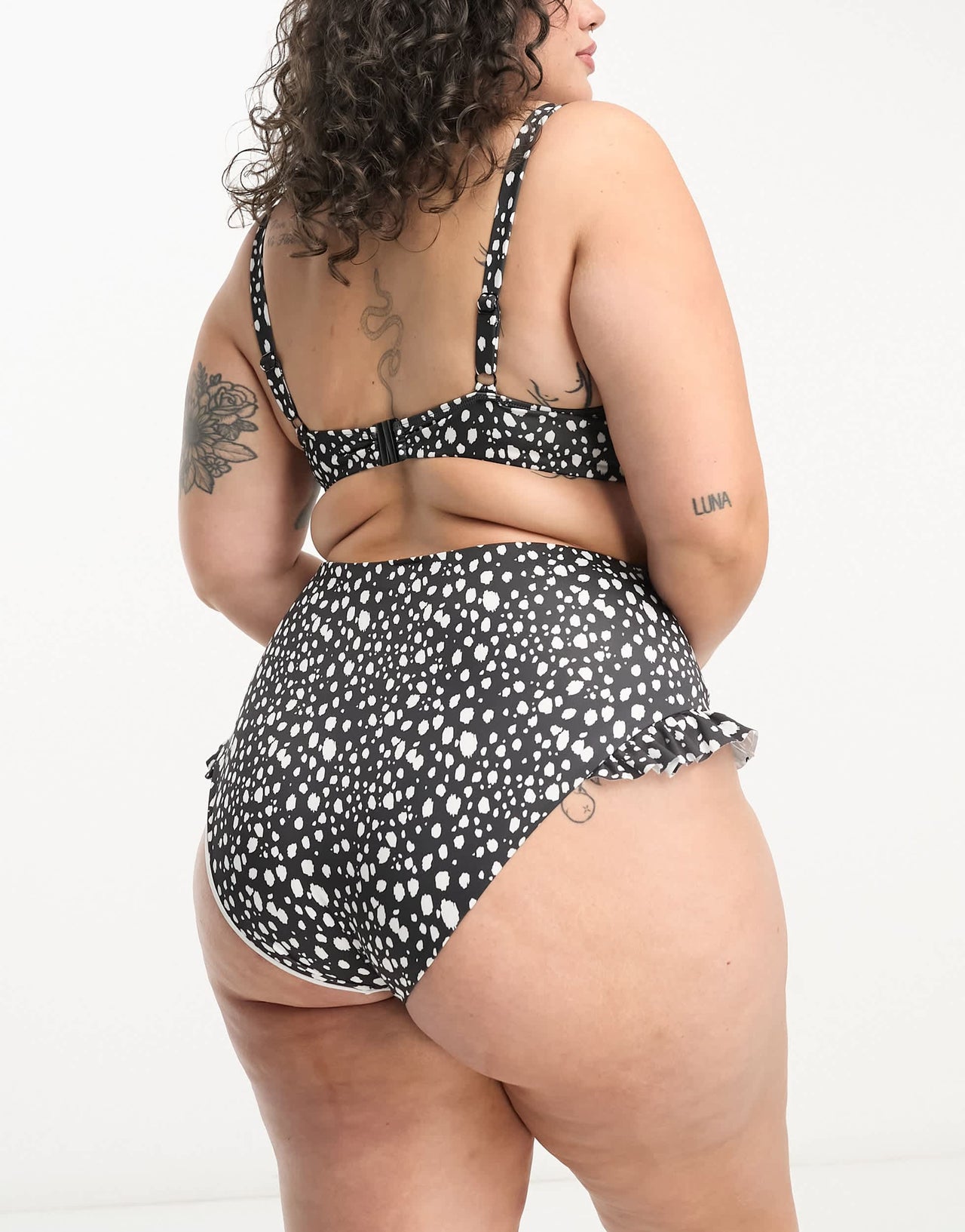 ASOS DESIGN Curve mix and match frill high waist bikini bottom in mono spot print